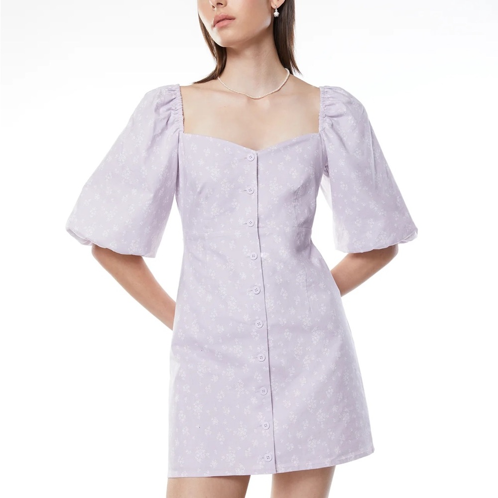 OAK + FORT Lilac Puff-Sleeve Button Mini Dress